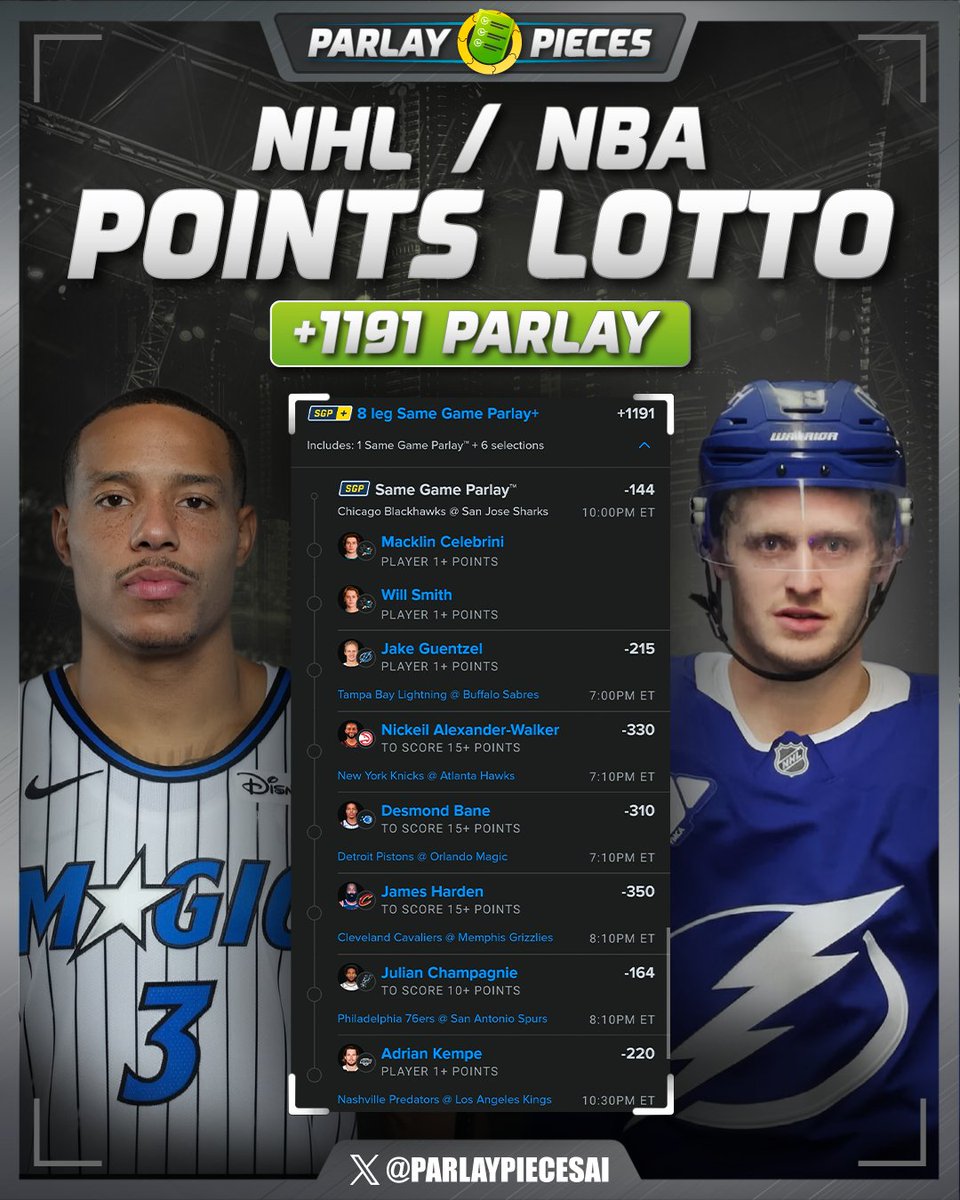 ParlayPiecesAI's tweet photo. NHL NBA points. 4 legs each based on matchup to cash! https://t.co/kq7IuCVgRE