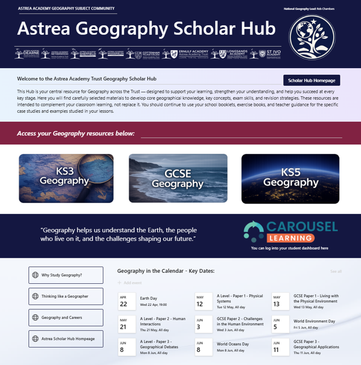 RobGeog's tweet image. An evenings &amp;amp; weekends project to rebuild our Geography Scholar Hub — now accessible to all scholars across our 8 academies. As I reflect in my final week, I’m looking forward to hearing how it continues to develop and evolve. @astreaacademies #geography #geographyteacher