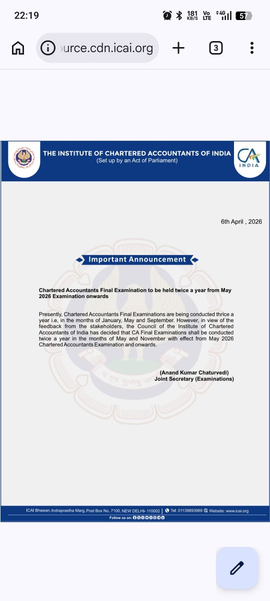 ptalreja8's tweet image. Important Announcement
CA Final Exams to be Conducted Twice in a Year 

#caresults  #icairesults #castudents #cafinal #cainter #ca #icai #caexams #icaiexams #caresult #icairesult
