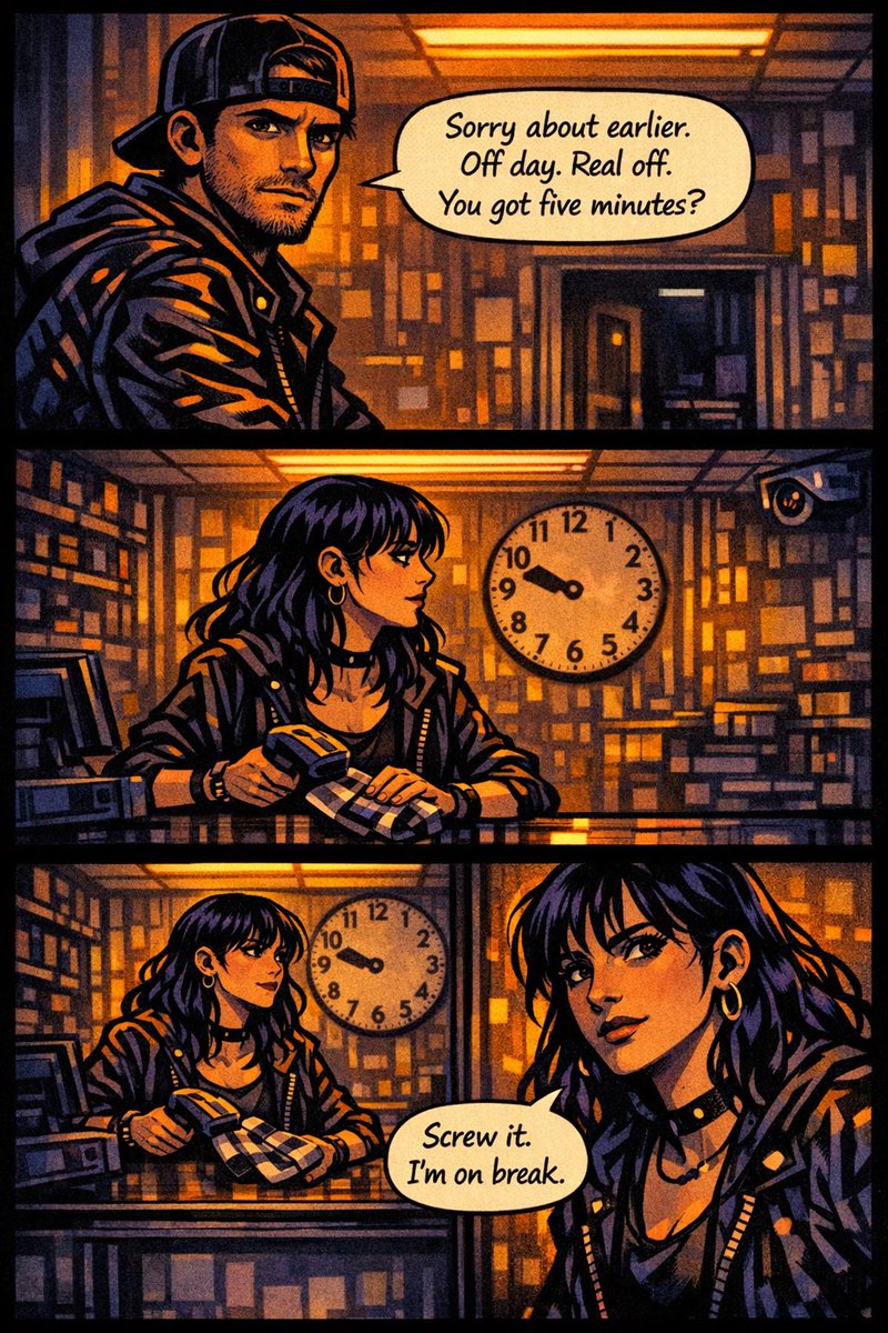 GaudianAwake's tweet photo. “Sorry about earlier,” he said, voice low. “Off day. Real off. You got five minutes?”
I looked at the empty manager’s office, the dead cameras, and made the call that would change everything.
“Screw it. I’m on break.” #ShadowBleed #DreamBleed https://t.co/rSzSIeuVmx