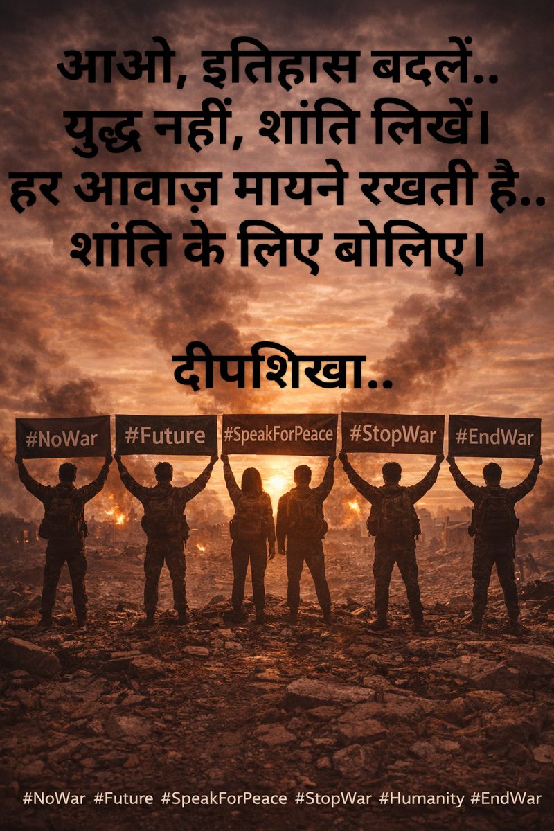 deepshikha3's tweet photo. आओ, इतिहास बदलें..
युद्ध नहीं, शांति लिखें।
हर आवाज़ मायने रखती है..
शांति के लिए बोलिए।
— दीपशिखा
#NoWar #Future #SpeakForPeace #StopWarWithIran #Humanity #EndWar #Truth https://t.co/MYMUExelqD