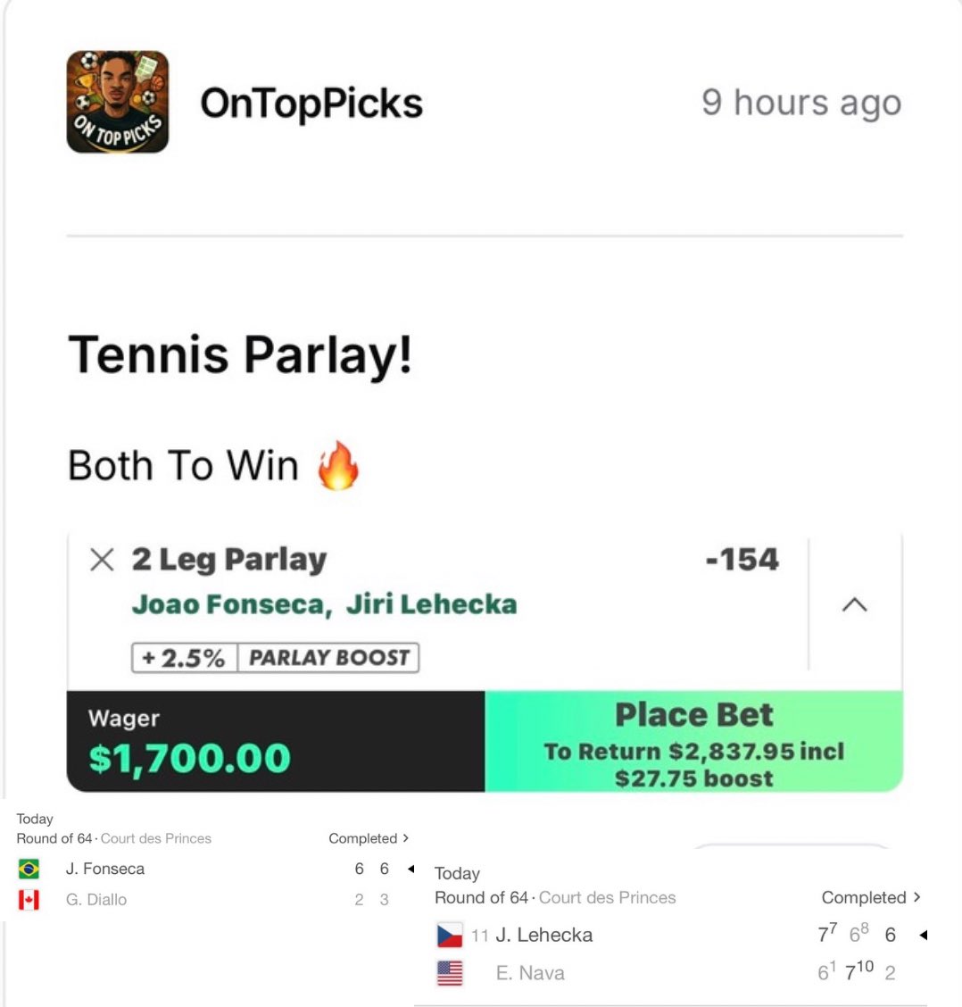 OnTopPicks's tweet photo. $1,700 Tennis Parlay = WINNER ✅ 

NO BETTER WAY TO START MONDAY! 🔥

Joao Fonseca Wins ✅ 
Jiri Lehecka Wins ✅ 

Shout out to all of those who’s been showing support &amp; reached out on Facebook or Twitter ❤️

#Tennis | #ATP | #SportsBetting https://t.co/Tiij36nGRW