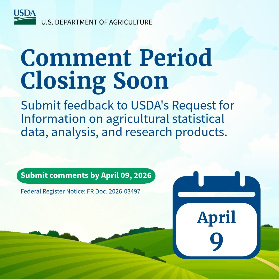USDA is requesting public input on its agricultural data, analysis, and research products.

Your feedback will help inform priorities for future USDA economic and statistical programs. Submit comments by April 9: federalregister.gov/d/2026-03497.