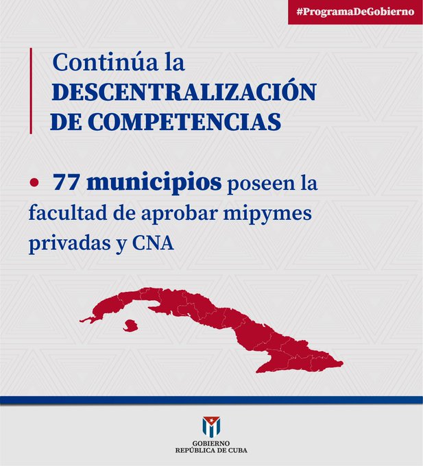 CNCTVGranma's tweet photo. Continúa la descentralización de competencias, en pos del fortalecimiento de la autonomía y la gestión territorial. 
Bajo ese principio, se incorporaron 12 municipios a los que poseen la facultad de aprobar mipymes privadas y CNA, para un total de 77.  
Fte. @MMarreroCruz https://t.co/eJYPzQyd9I