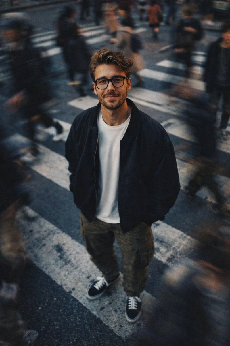 Image created on gpt 1.5 on ChatGPT 
Prompt:
Create a cinematic street portrait of me (using the uploaded photo, with my face 100% unchanged)standing on crosswalk. I am wearing a white shirt, black oversized jacket, olive cargo pants, and black-and-white sneakers. The shot is
