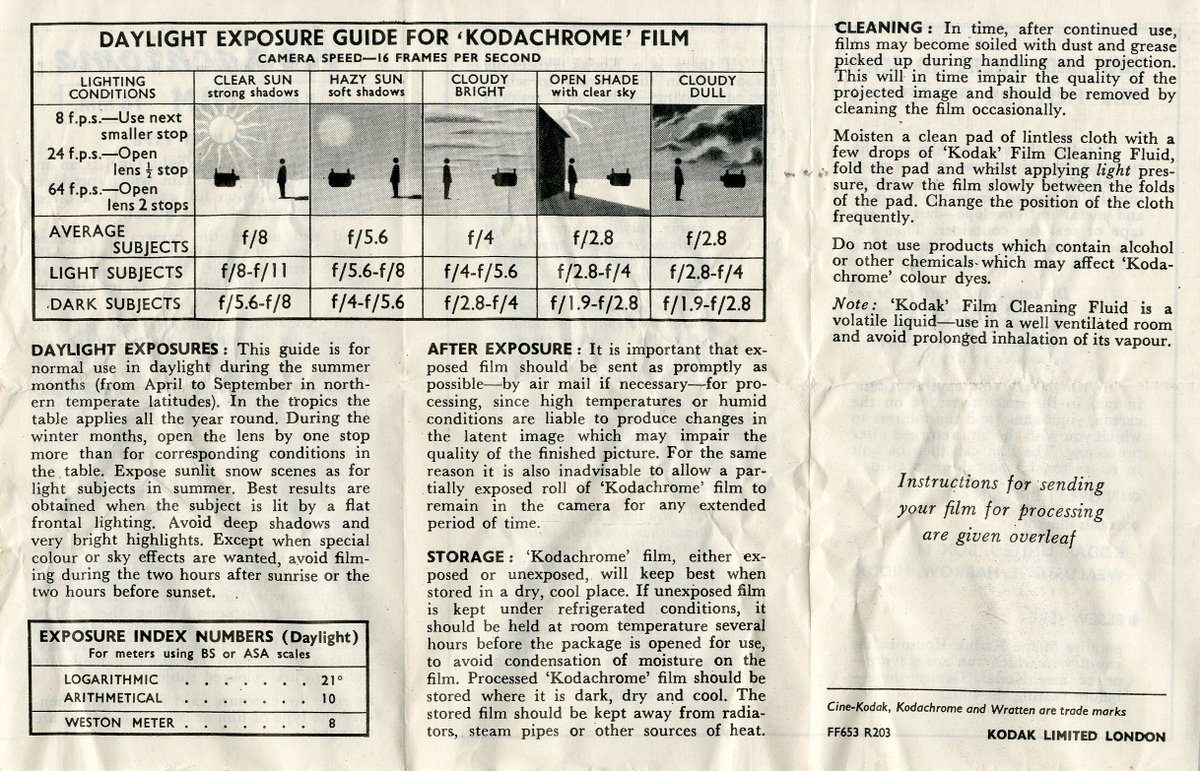 UnicornUnbound's tweet photo. These two leaflets containing advice for amateur cinematographers date from 1958, and were issued by #Kodak processing labs after developing #Standard8 cine films... back in the days before 'point and shoot' when #photography buffs really had to know their subject.
#digitisation https://t.co/wU1lj5gHLy