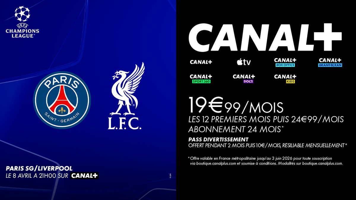 OrangeTV_fr's tweet photo. Ne ratez pas les quarts de finale de Ligue des Champions : #PSG-#Liverpool, le mercredi 8 avril à 21h sur @canalplus ! Pour l'occasion, profitez de l'offre CANAL+ 👉 https://t.co/LYUc58bncJ https://t.co/46CouV2ESo