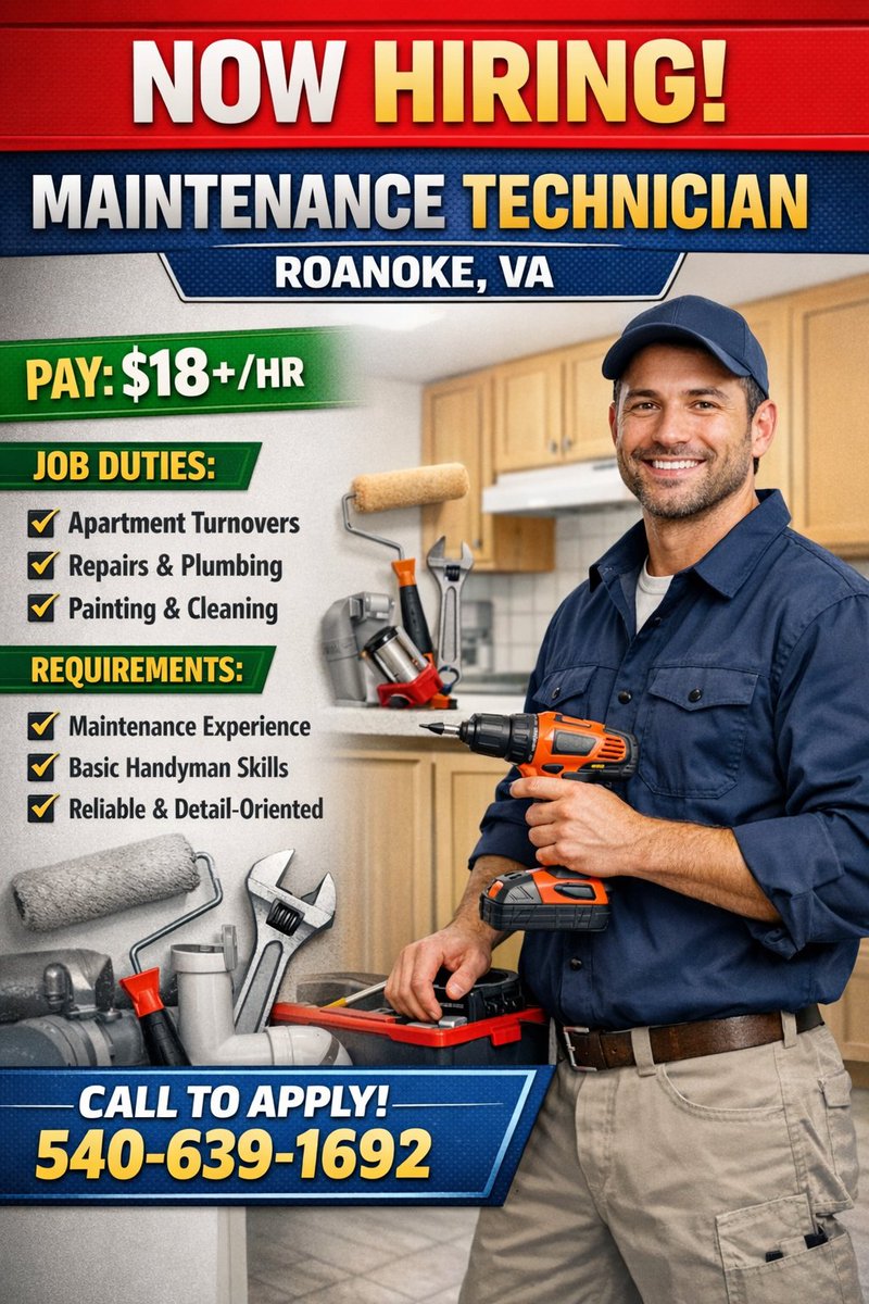 Now hiring a Maintenance Technician in Roanoke, VA!🏡 Help prepare apartments for new tenants &amp; ensure quality repairs. Pay $18+/hr. Call 540-639-1692 to apply! #Jobs #Maintenance