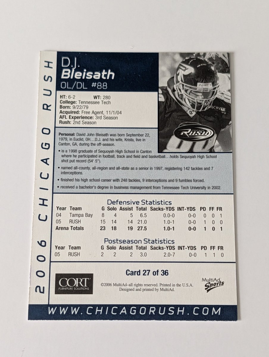 Finally adding a D.J. Bleisath to the collection! I've been looking for one of these for years and they just don't pop up. This is from the 2006 Chicago Rush team set. He also has a card in the 2007 set that I will continue looking for. A <a href="/TNTechFootball/">TTU Football</a> legend / <a href="/TTUSports/">TTU Sports</a> HOF!