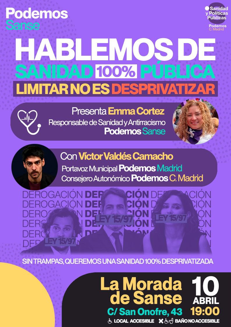 Podemos_Sanse's tweet photo. ¿Derogación de la Ley 15/97 o humo? 

La Sanidad ya es pública, necesitamos que sea 100% desprivatizada. 

Sin prohibir por ley la privatización, seguirá habiendo quien haga negocio con tu salud.

Te lo explicamos bien este viernes en la Sede de Podemos #Sanse , la #Morada https://t.co/hpXiG1Dbfc