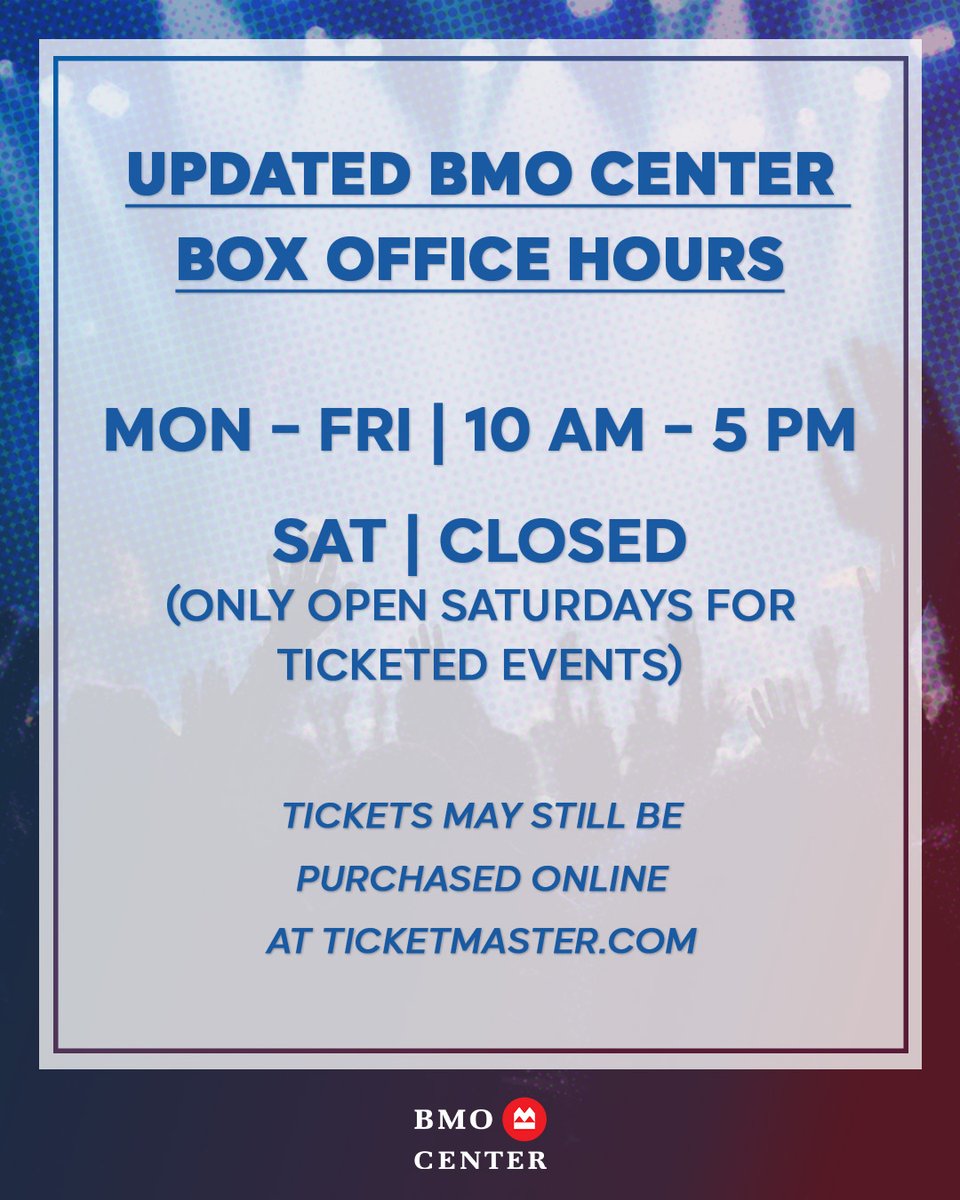 BMOCenter's tweet photo. ‼️We’re updating our Box Office hours at BMO Center‼️

Moving forward the box office will be closed on Saturdays unless there is a ticketed event. 

Our weekday hours remain Monday through Friday from 10 AM to 5 PM. Tickets may still be purchased online at https://t.co/v64rcHNczc https://t.co/CHVxGVBTZO