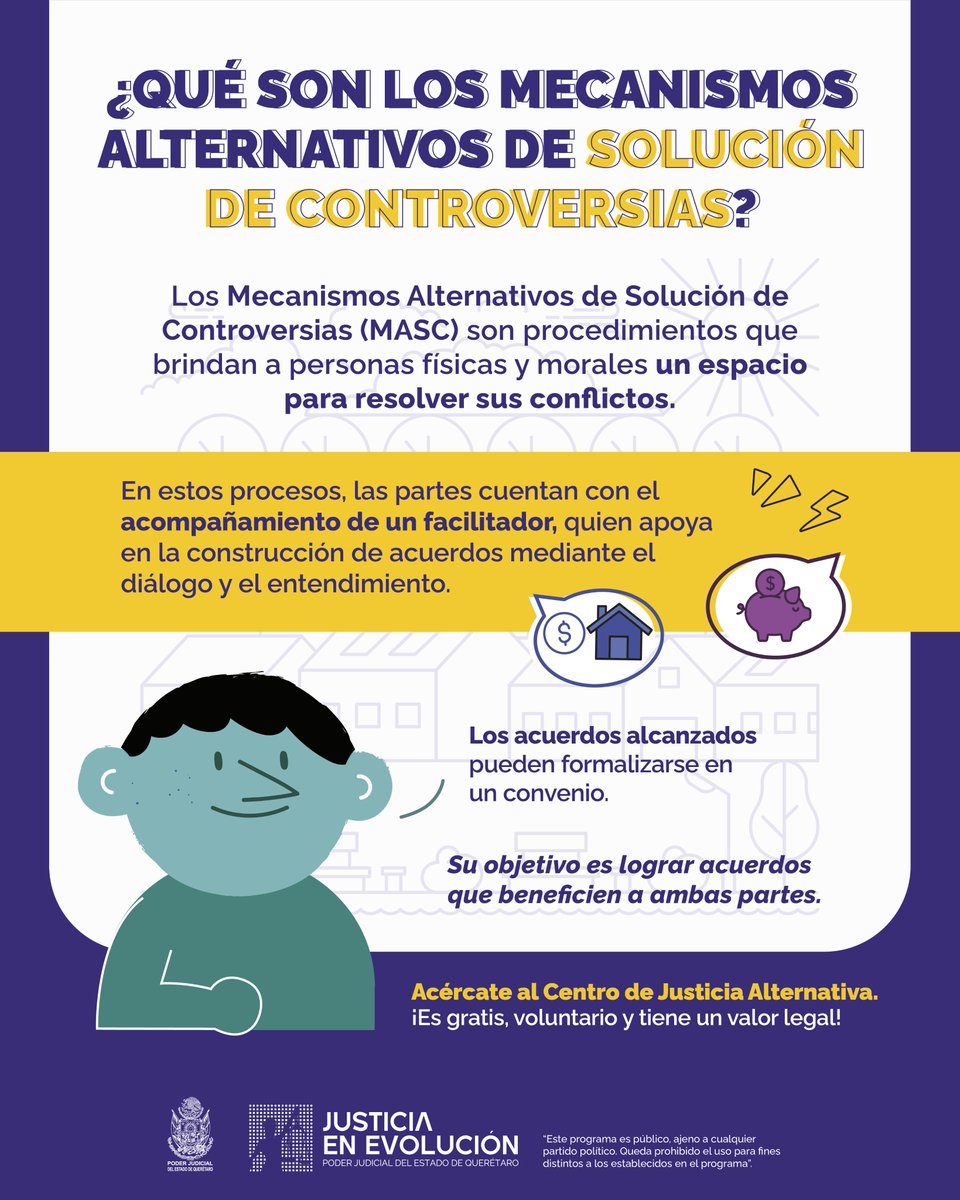 pjqromx's tweet photo. 🗨️Los conflictos no siempre deben resolverse en un juicio.

Los Mecanismos Alternativos de Solución de Controversias permiten que las personas dialoguen y encuentren acuerdos equitativos y satisfactorios con el acompañamiento de personas facilitadoras.

🟣Si buscas resolver un conflicto mediante el diálogo y entendimiento, acércate al Centro de Justicia Alternativa del Poder Judicial del Estado de Querétaro.

📨mediacion@tribunalqro.gob.mx
📞442 238 79 00 ext. 1175 y 1176