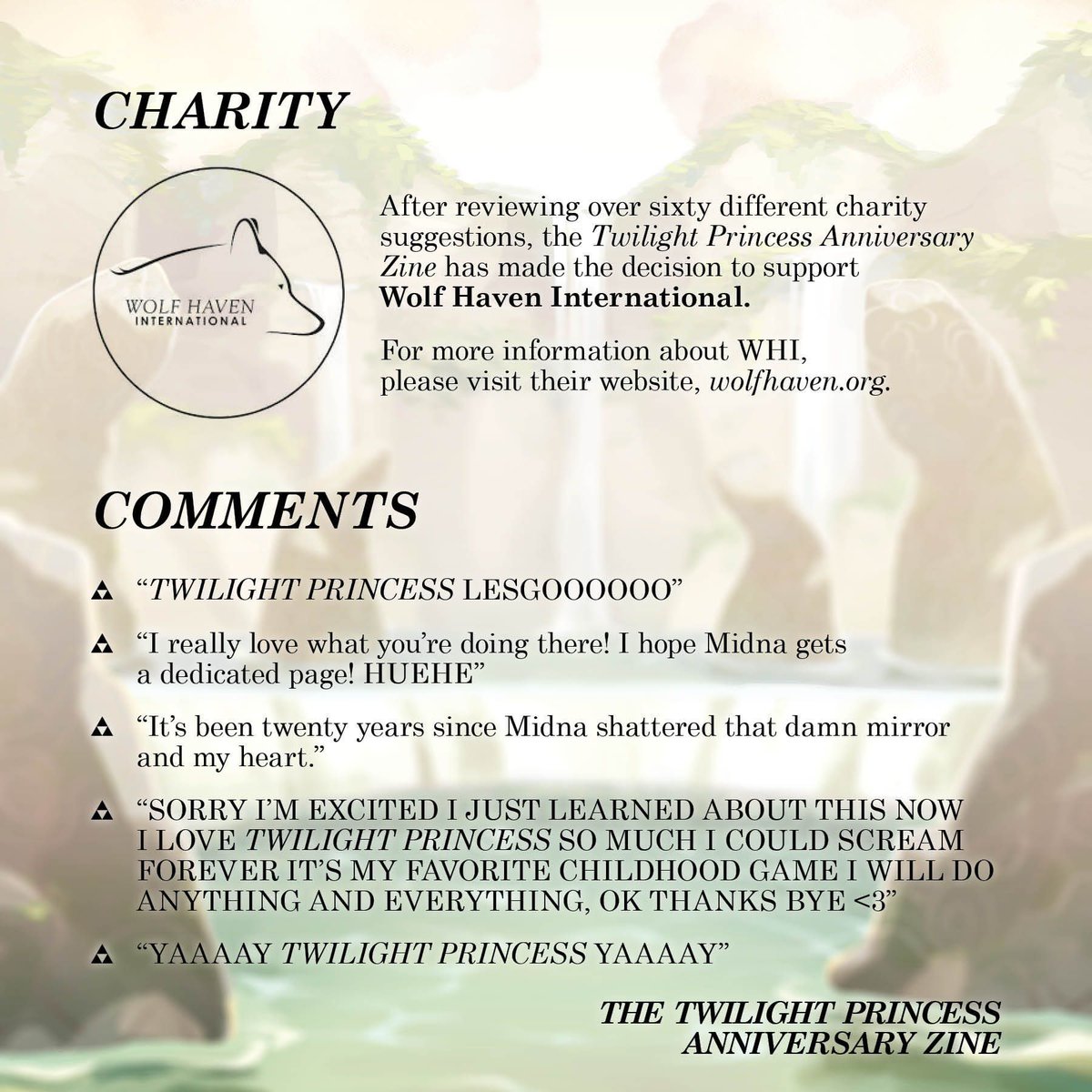 tpannizine's tweet photo. Interest Check Results are here! We're so grateful for the overwhelming support. TPAZ will be a for-charity, physical zine, benefitting Wolf Haven International. Look forward to contributor apps opening in May!
#zelda #zeldazine #zine #fanzine #twilightprincess #interestcheck https://t.co/dTcq2i8F8P