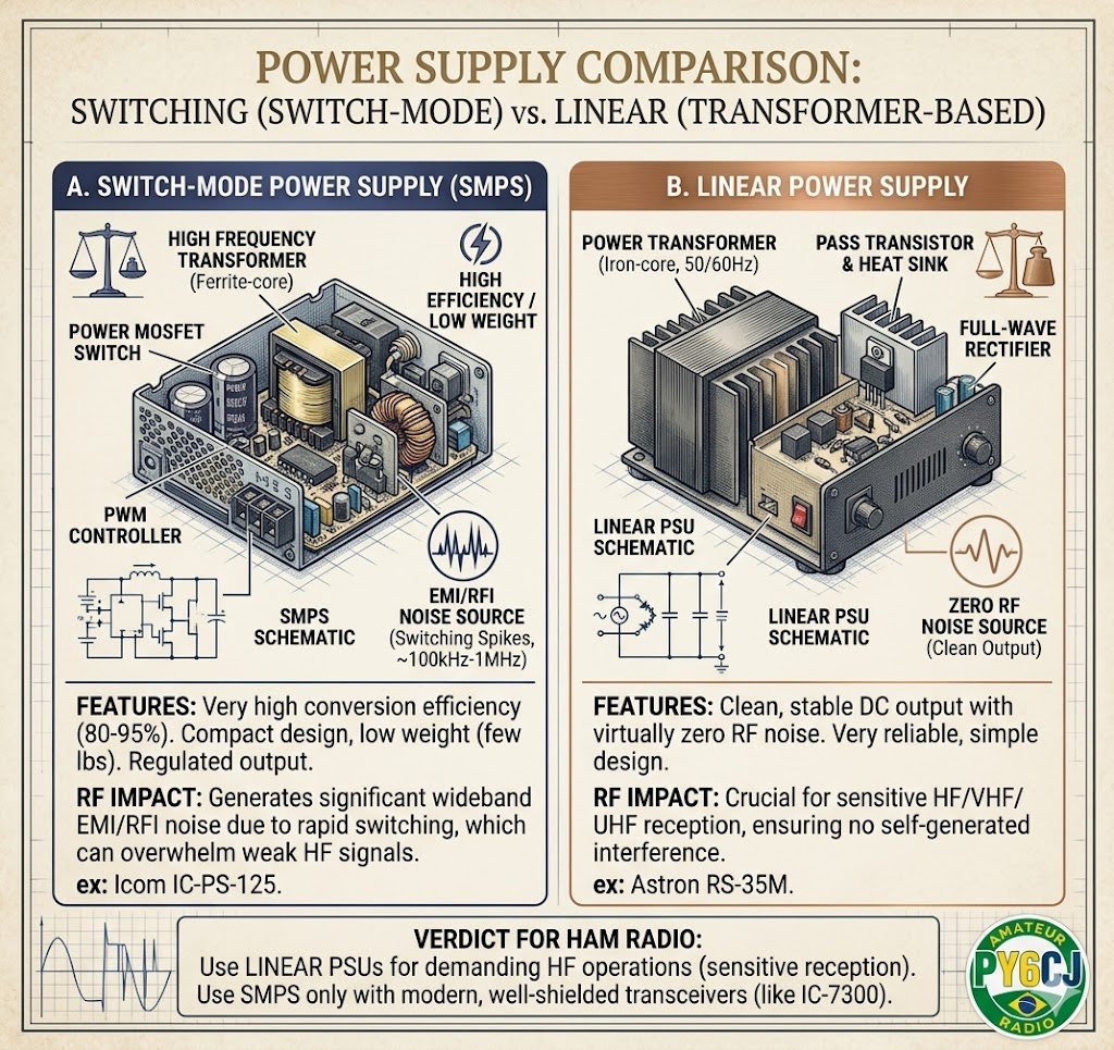 py6cj's tweet image. Power Supplies for Ham Radio: Linear vs. Switching

Read the full text at:
facebook.com/share/p/16vndV…

#hamradio #powerdistribution #electronicsengineering #py6cj #hfpropagation