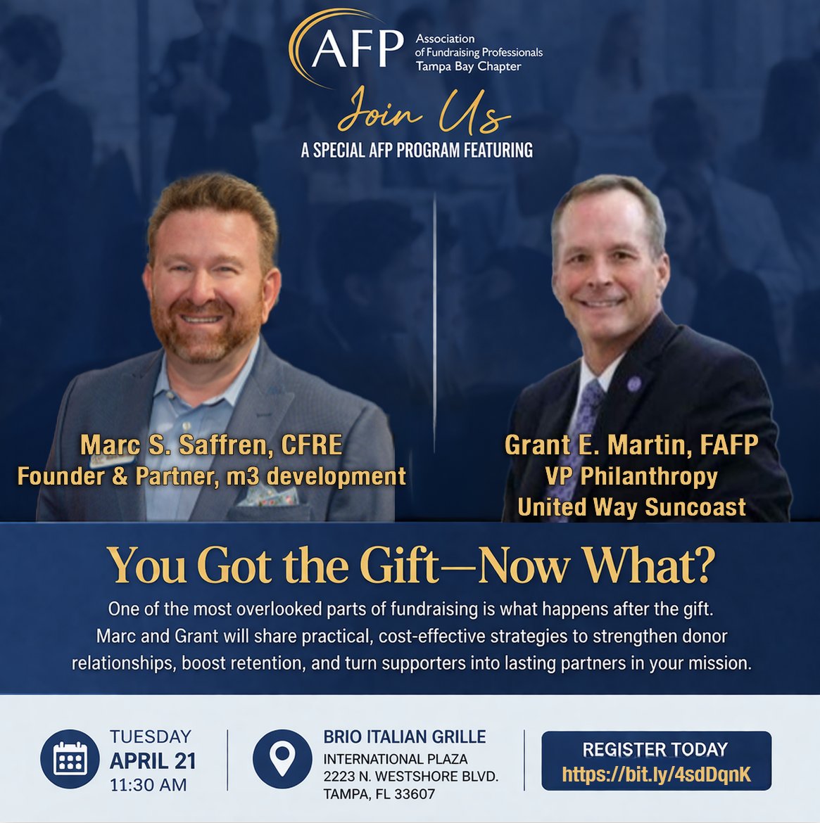 m3Development's tweet photo. @Marcsaffrencfre of @m3Development will speak @AFPFL program with Grant E. Martin.
📅 April 21 | 11:30 AM
 📍 Tampa, FL

“You Got the Gift—Now What?” focuses on donor stewardship &amp; long-term impact.
👉 https://t.co/9I23e9Pgm9

#fundraising #philanthropy #afpfl https://t.co/qpzw3f05iK