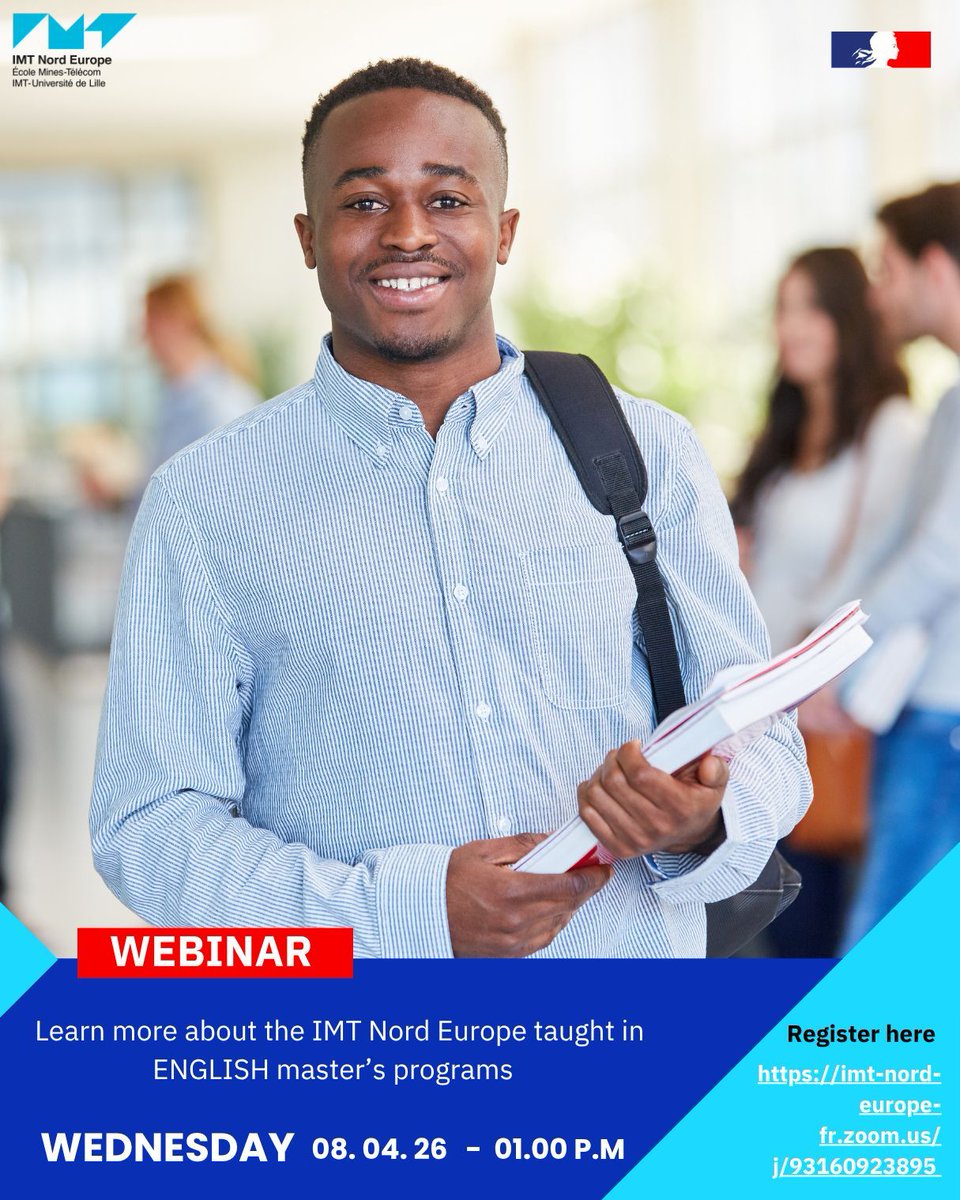 CampusFranceNg's tweet photo. πβ¨ Webinar Alert: Study in France π«π·
Join us for an exclusive webinar with IMT Nord Europe, in collaboration with Campus France Nigeria, Kenya, and Ghana.
π
April 8th, 2026
β° 1:00 PM
π Zoom
π https://t.co/Lyxlhpm2G3
#StudyInFrance #CampusFrance #Webinar #MastersInFrance https://t.co/C1uEjMwjOn