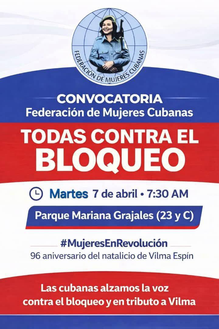 Para las compañeras de las #Comunicaciones y para todas las mujeres cubanas, participar mañana 7 de abril, en la Movilización por el Aniversario de Vilma es defender la Patria y alzar nuestras voces de #MujeresEnRevolución contra el genocida bloqueo imperialista que nos asfixia.