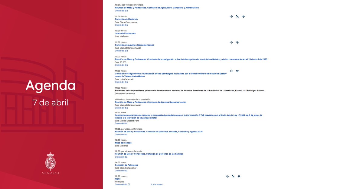 Senadoesp's tweet image. 👉 Agenda del #Senado para mañana #7Abril:
 
➡️ Junta de Portavoces y Mesa
➡️ Pleno
➡️ Visita del ministro de Asuntos Exteriores de la República de Uzbekistán, @FM_Saidov.
➡️ Actividad de Comisiones

📄 senado.es/web/actividadp…