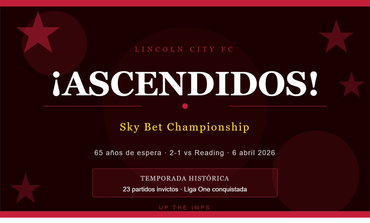 ¡¡ASCENDIDOS!! <a href="/LincolnCity_FC/">Lincoln City FC 🇺🇦</a> se va a la <a href="/SkyBetChamp/">Sky Bet Championship</a> por primera vez en 65 años. Un 2-1 histórico ante Reading que lo dice todo.
Skubala convirtiendo al equipo más modesto del grupo en campeón.
UP THE IMPS. 🏆⬆️
#LincolnCity #UpTheImps #SkyBetChampionship #EFL #Imps