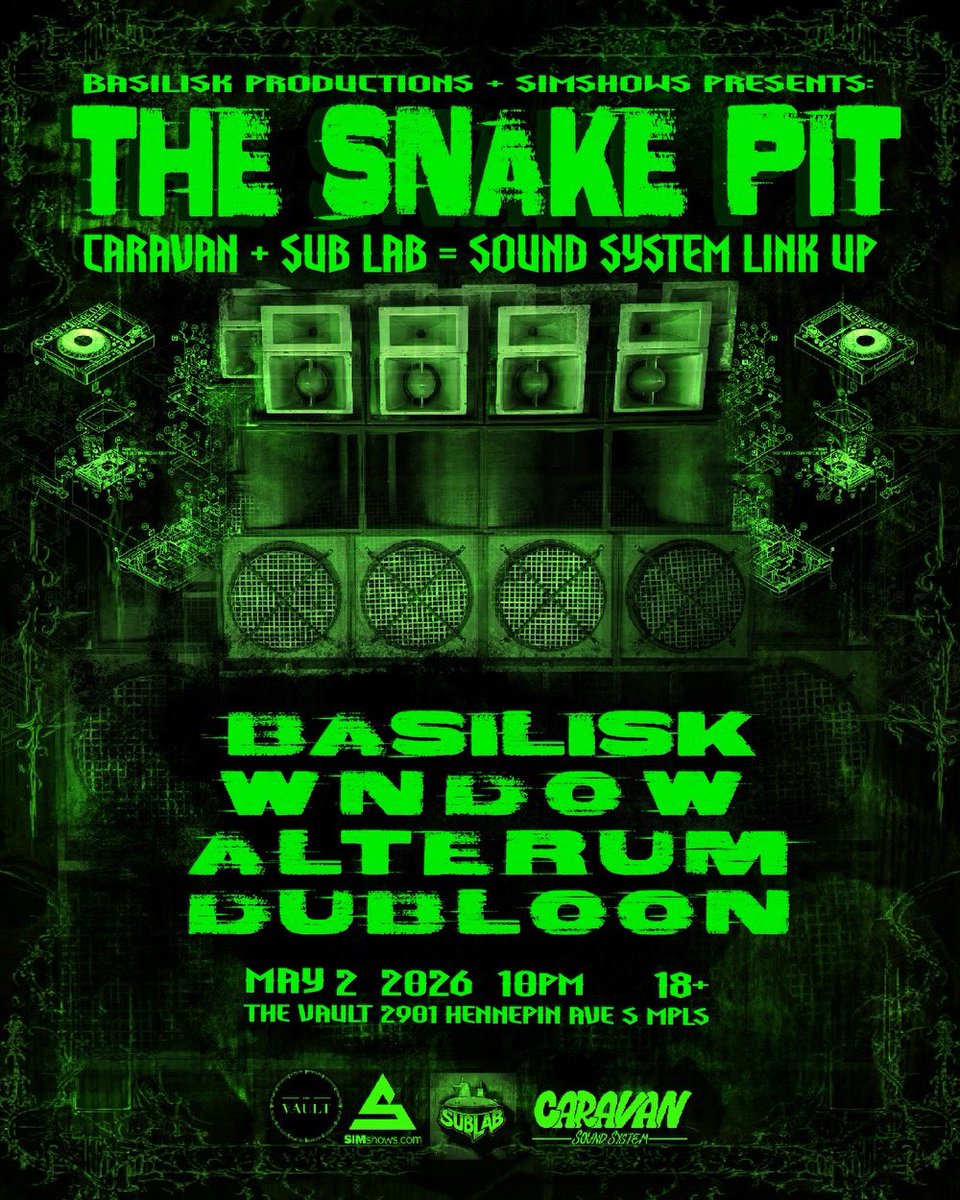 SIMshows's tweet photo. 🐍 ANNOUNCEMENT 🐍
Welcome to the Snake Pit. On May 2nd, the Vault will be rattling with cold-blooded beats from a sound system that strikes 💥 

There will be a donation box for @miracmn, as we come together to celebrate community and connection. 

🎫 https://t.co/MXLFw2zmAT https://t.co/6IacZ4RGpJ
