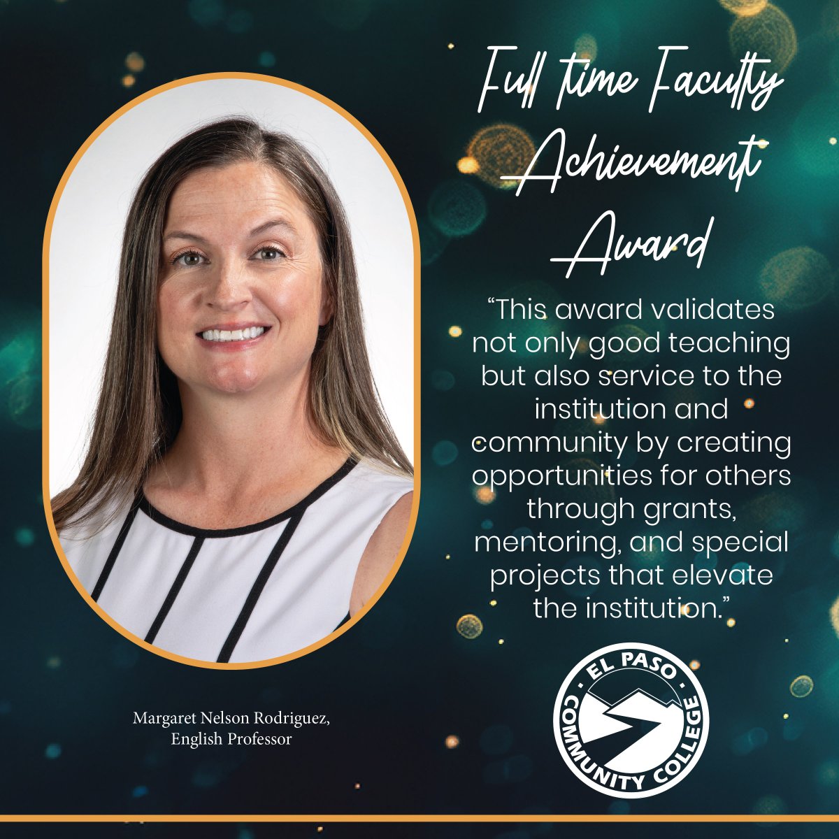 EPCCNews's tweet photo. EPCC would like to congratulate this year's Full-Time Faculty Achievement award winner, Margaret Nelson Rodriguez. Thank you for your tireless effort to make EPCC a better place #EPCCpride https://t.co/Mbt52x5Lvb