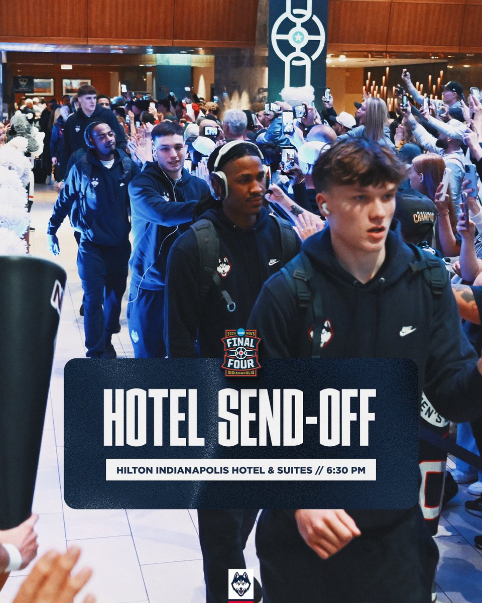 UConnHuskies's tweet photo. National Championship Send-off‼️

⏰ 6:30 PM
📍 Hilton Indianapolis Hotel &amp; Suites https://t.co/9p1CjRlWNA
