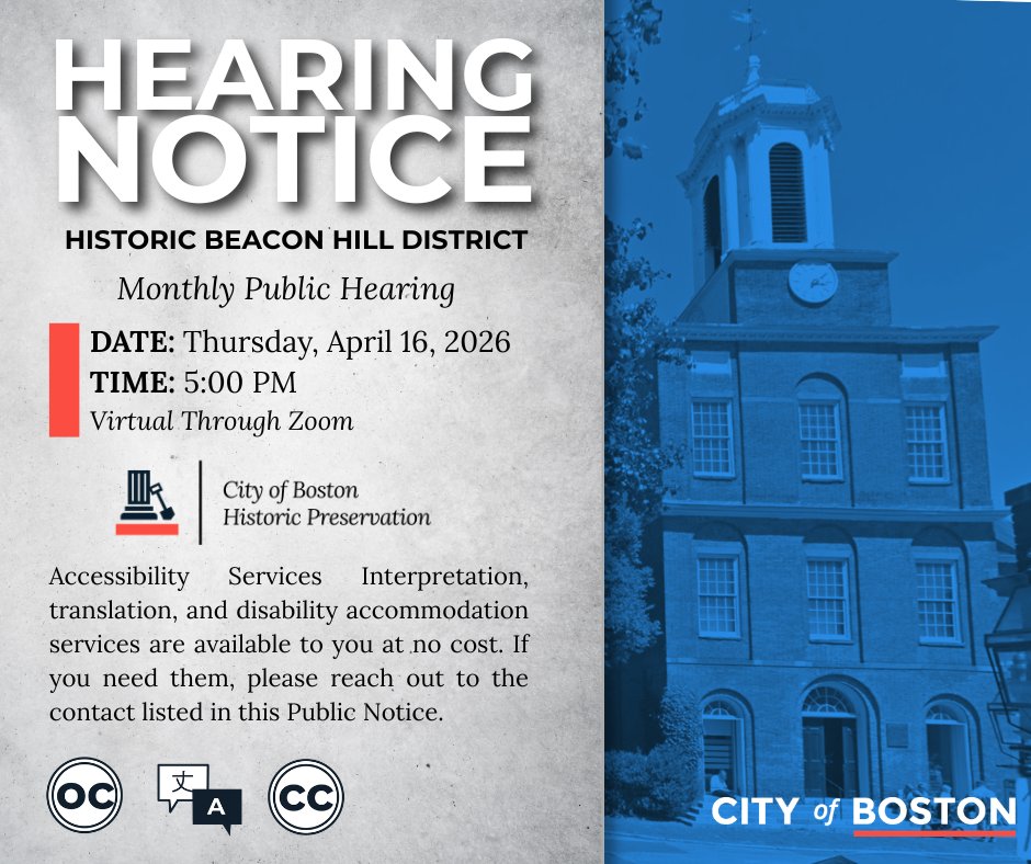 BostonLandmarks's tweet photo. The Beacon Hill Architectural Commission will hold it's next monthly public hearing on Thursday, April 16, 2026 at 5:00 P.M.  

Review the agenda and official public notice: https://t.co/PcfPPvAdNo

#boston #bostonlandmarks #beaconhill https://t.co/dXgGcE3EZ5