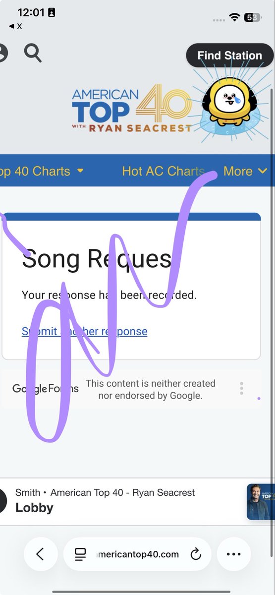 aristomorrow's tweet photo. This your Monday reminder to request SWIM on AT40 , BTS ARMY 💜

🔗 https://t.co/52QiNRVzgG

I-ARMY, you can help! Use the “find station” button (Chimmy will guide you in the SS) and select a random US city to find a radio channel to request for, and fill out the form! https://t.co/9N2hVueAp8