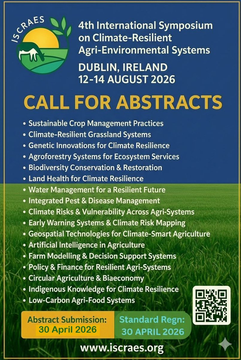 ISCRAES's tweet photo. 📢 #ISCRAES 2026 update! 
Abstract deadline extended to 30 April 2026 &amp; reduced fees for LDC participants. 
Submit now &amp; join global agri-environment solutions 👉 https://t.co/RID6SmbQuC 

#conference #dublin #ireland #agriculture #climatechange #aiagriculture #sustainability https://t.co/VzGldqkTet
