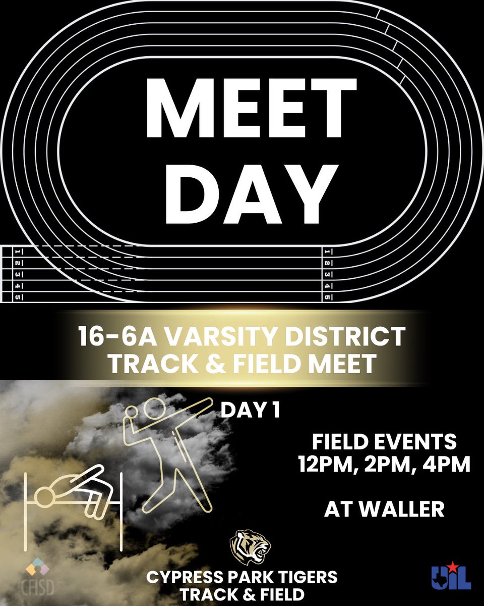 CyParkBoysTrack's tweet photo. It’s Meet Week and Week Day for the Varsity Tigers!  The squad takes on district competition at the 16-6A District Meet at Waller HS today, Thursday, and Friday.

Come out and support!

@CyParkAthletics https://t.co/Tboj5zzEy5