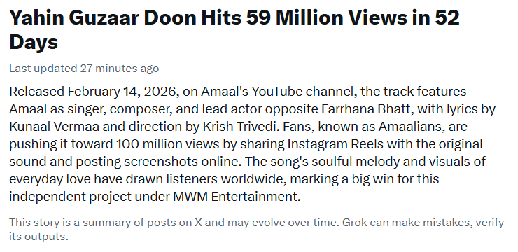 Congratulations to all #Amaalians! We're currently at 59M and will soon reach 60M 🎉 Keep streaming and uploading edits on #YahinGuzaarDoon song on both YouTube and Instagram. Let's complete 100M by June 🤞
#AmaalMallik
