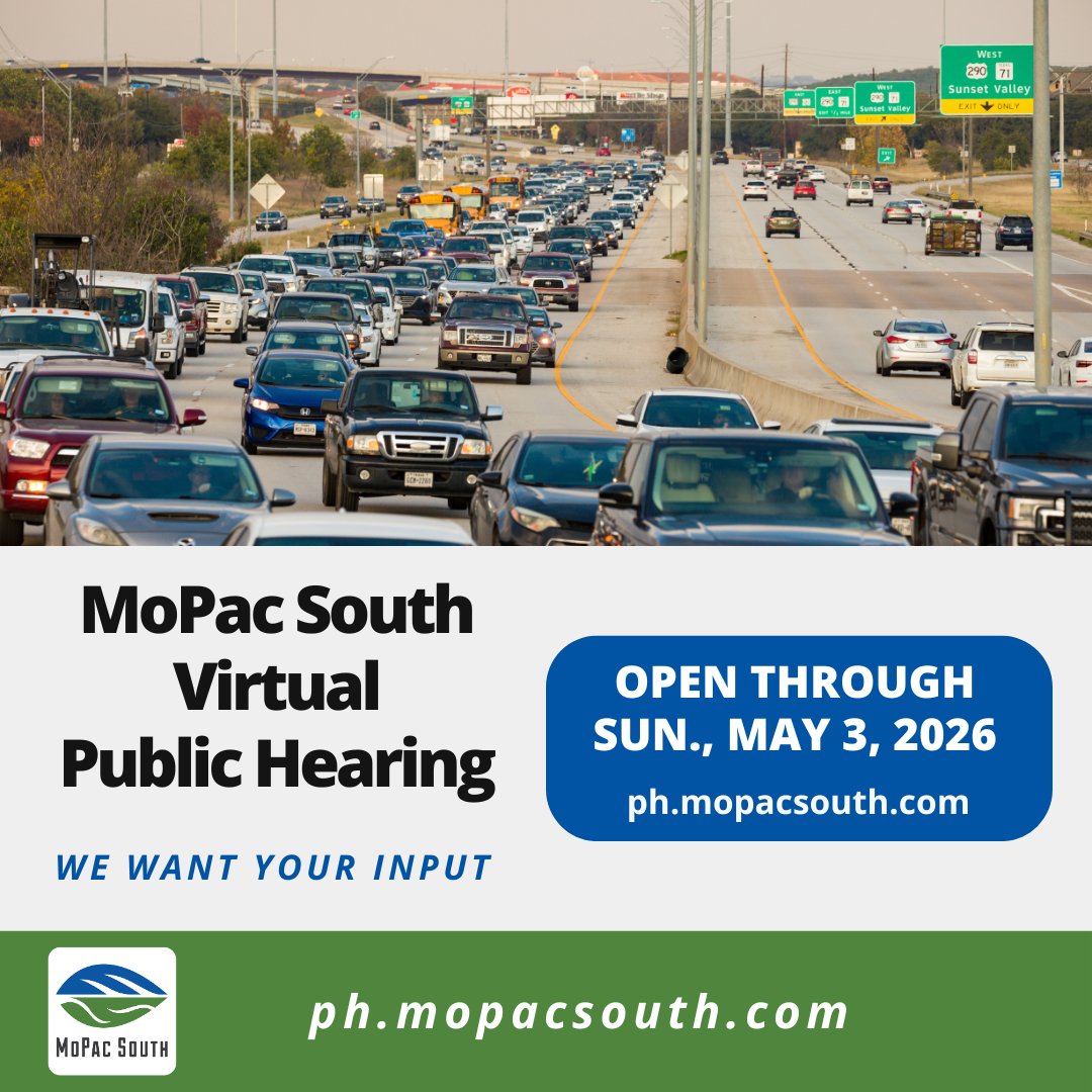 MopacSouth's tweet photo. The MoPac South Virtual Public Hearing is available until May 3. View the Public Hearing, and submit an official comment by clicking "Provide an Official Comment" on the top of the page: https://t.co/H0VLLcuwVF https://t.co/mDwoCQRO21