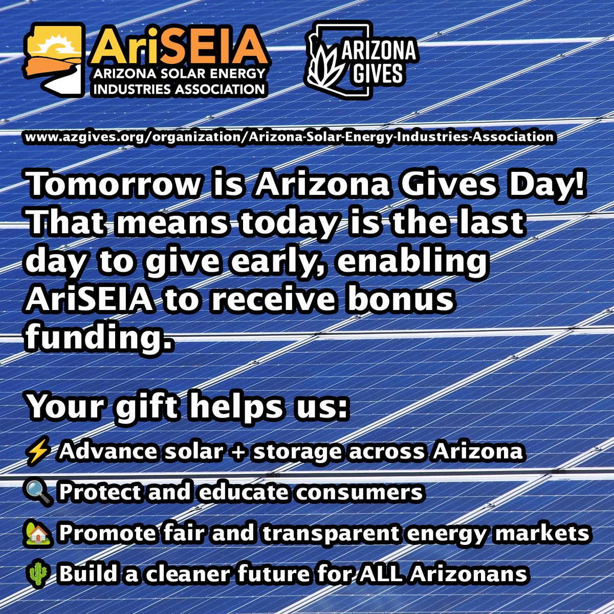 autumntjohnson's tweet photo. 📷 Last chance for early giving!
Tomorrow is Arizona Gives Day 📷
Support @AriSEIA today & help us unlock bonus funding!
Your gift powers:
📷Clean energy policy
📷Consumer protection
📷Fair solar markets
Donate 📷 https://t.co/ThQg0Es4KB
#AZGivesDay #Solar #CleanEnergy https://t.co/3be009Mmgp