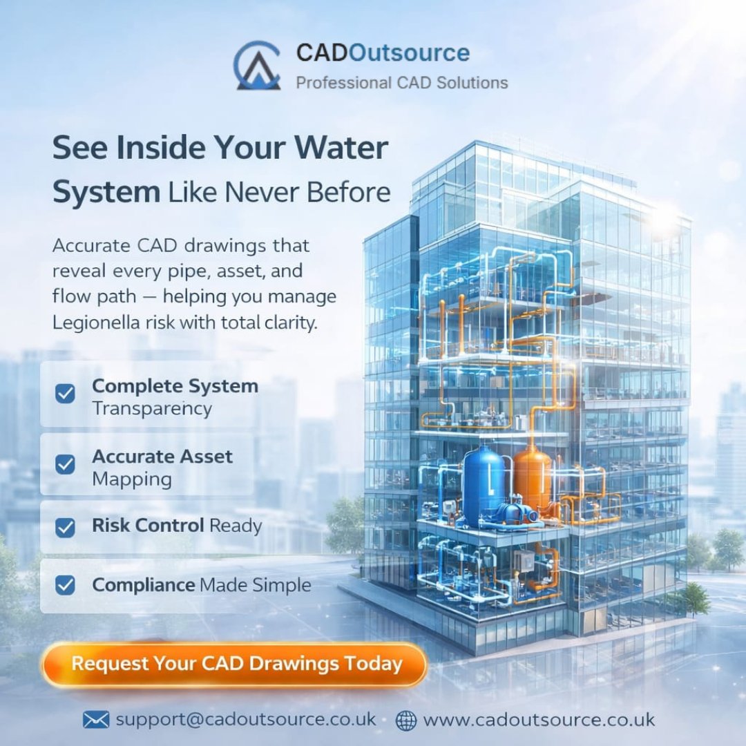 cadoutsourceltd's tweet image. See your entire water system clearly with precision CAD 💧
From asset mapping to full pipe layouts, get accurate drawings that simplify Legionella risk management &amp;amp; compliance for safer, smarter buildings.

📧 support@cadoutsource.co.uk

#LegionellaCompliance #CADServices