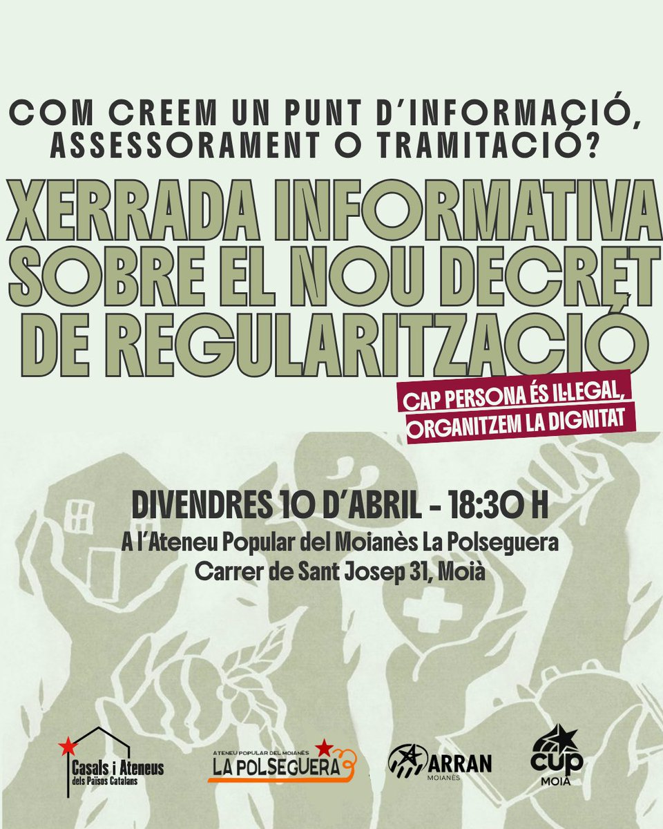 capgiremmoia's tweet photo. ❓Com creem un punt d’informació, assessorament o tramitació?

🗣️Us convidem a la xerrada informativa sobre el nou decret de regularització.

📆10 d’abril a les 18.30h
📍Ateneu: Sant Josep 31, Moià

✊🏽Cap persona és il·legal, organitzem la dignitat https://t.co/R6pRP41ZdQ