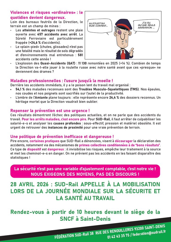 Fede_SUD_Rail's tweet image. 🔴 Les accidents du #travail explosent au @GroupeSNCF ; cette progression traduit une dégradation structurelle et insupportable des conditions de travail. 

⚫️ Pas d’économie sur nos vies : le #28avril nous appelons à une mobilisation devant le siège #SNCF à St Denis !