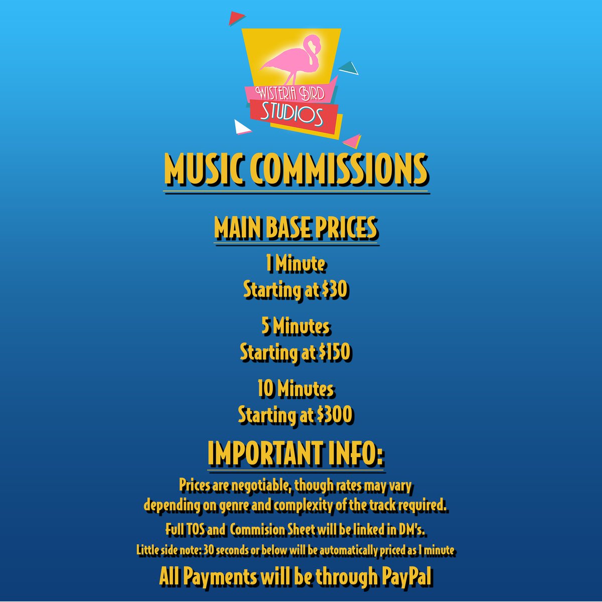 WBirdStudios's tweet image. Music commissions is on a spring sale 43% off of regular price up until the end of April! 6 Slots per week, Open every week for each month, 30 slots total

DM's open
#musicproduction #composers #musicproducer #commissions #open #retro #music #wisteriabirdstudios