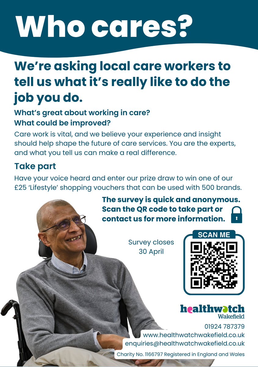 healthywakey's tweet image. Are you a paid care worker in Wakefield District?
Tell us:
- What helps you provide good care
- What makes your job harder
- What needs to change
Anonymous survey (5+ mins):
smartsurvey.co.uk/s/WhoCares/
#WhoCares #WeDo