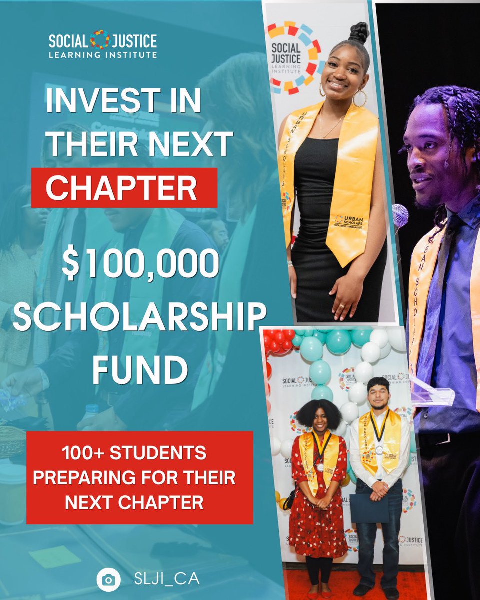 SJLI_CA's tweet photo. It’s that time again! Social Justice Learning Institute is launching our 2026 Scholarship Fund 🎓

Celebrating 150+ grads &amp; raising $100K to support their first year of college. Every $ counts—donate or share to help empower the next generation! #UrbanScholars #SJLI #Scholarship https://t.co/sFXwBvn3n8