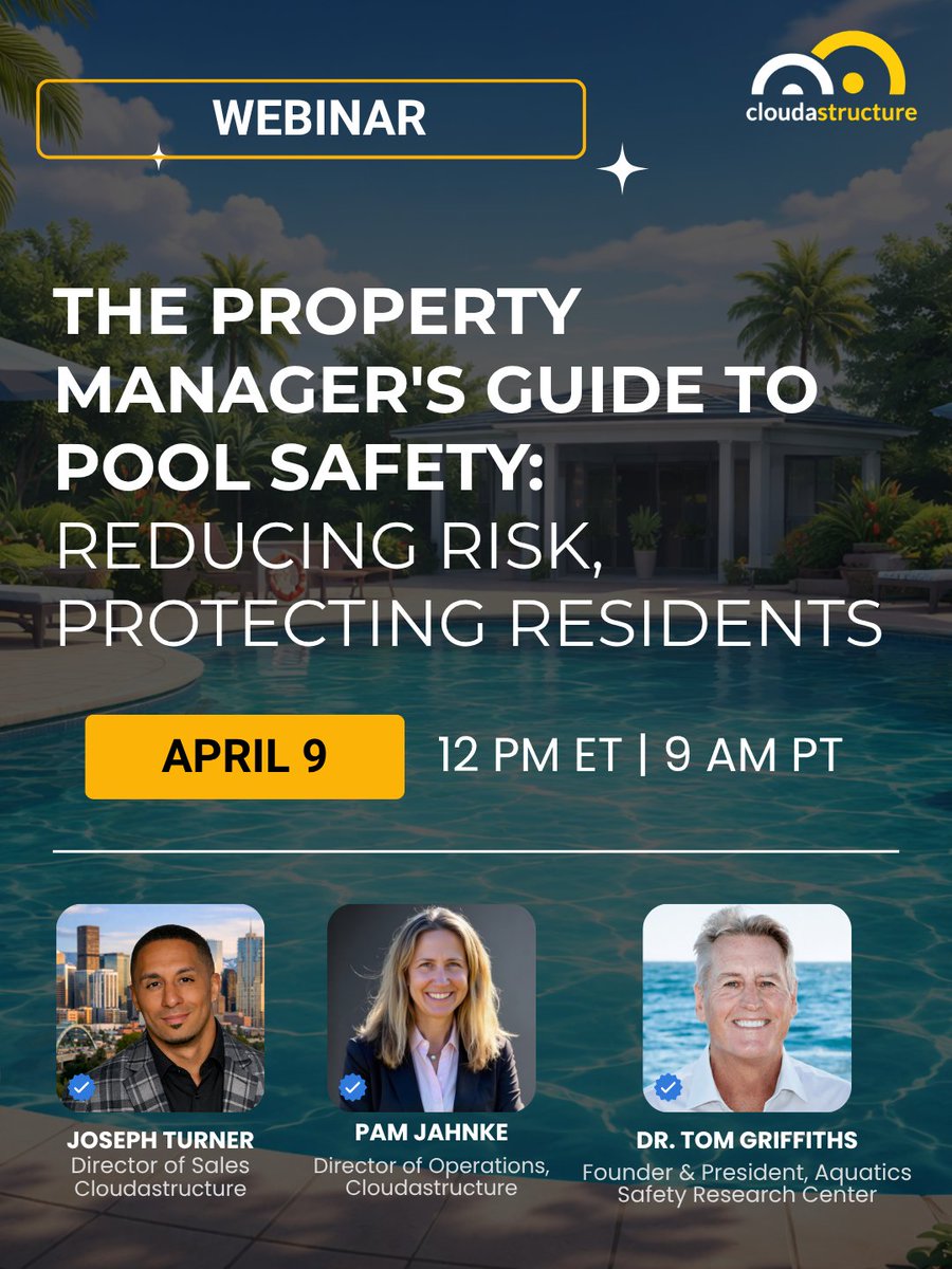 cloudastructure's tweet image. Pool safety = property protection.

Join our April 9 webinar to learn how to reduce liability and keep residents safe, with insights from Dr. Tom Griffiths and the Cloudastructure team.

📅 April 9 | 12PM ET / 9AM PT
🔗na2.hubs.ly/H04JKRW0

#PoolSafety #PropertyManagement