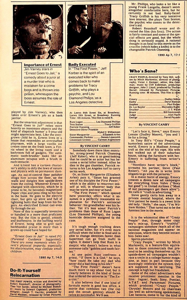 ClassicHBOGuide's tweet image. Released #OTD in 1990 in U.S. theaters, the bizarre horror movie: THE FIRST POWER - newspaper ad, #VHS ad, original @nytimes review #1990s #HorrorMovies #forgotten
