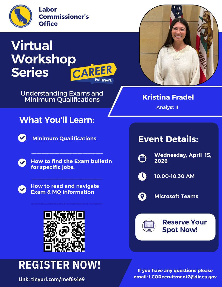 CA_DIR's tweet image. 💡 Join the Labor   Commissioner’s Recruitment and Retention Team for a Virtual Workshop! 💡

📲 Register now: tinyurl.com/mef6s4e9

We look forward to seeing you there!

#Hiring #Webinar #JobSearch  #CAStateJobs #Work4CA #LCORecruitment

@CA_LaborCommish