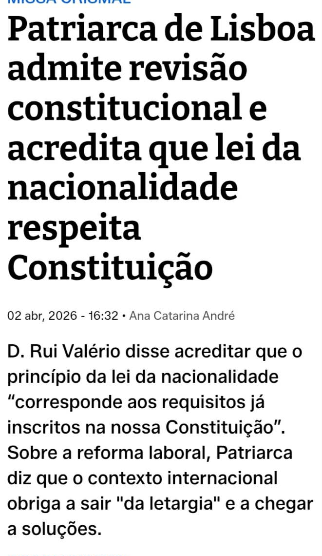 Alinhado com AD/Chega/IL na lei da nacionalidade e reforma laboral é nódoa q o remorso e a penitência não apagam, e a coerência e a defesa dos trabalhadores não são virtudes eclesiásticas.
O Patriarca é um veículo litúrgico em rota de colisão com a Constituição e a decência.