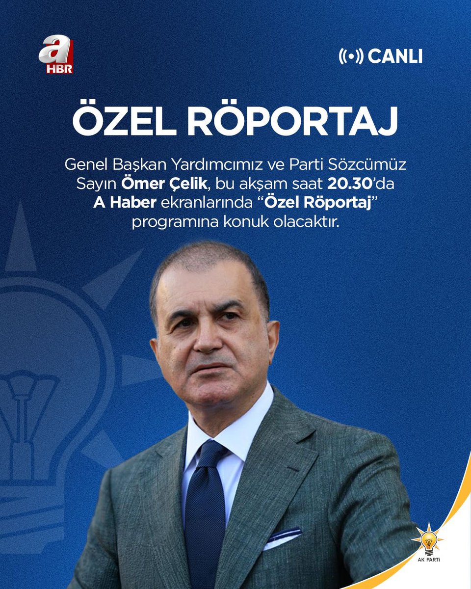 AK Parti Genel Başkan Yardımcısı ve 
Parti Sözcü Sn <a href="/omerrcelik/">Ömer Çelik</a> , 
Az Sonra A Haber Ekranlarında 
“Özel Röportaj” Programına Konuk Olacaktır.

Canlı Yayın İçin ;
📺 ahaber.com.tr/video/canli-ya…