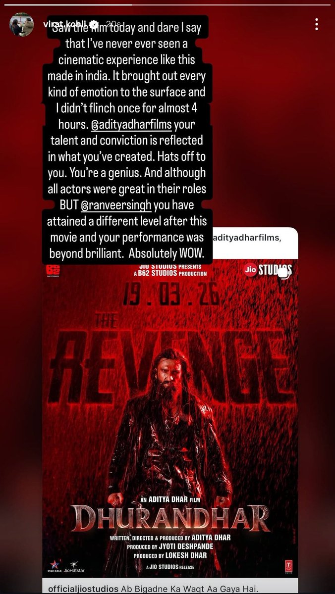 Instagram story of virat kohli. 

I didn't expect him to support such propaganda films. Time to hit the unfollow button.

#Viratkohli 
#Dhurandhar2‌