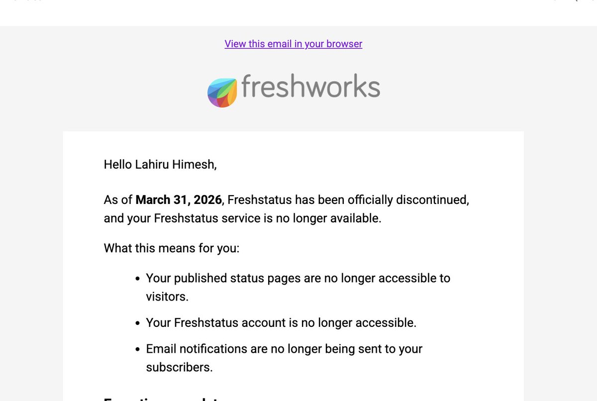 FreshStatus is shutting down. We used it to monitor the uptime of <a href="/foss_lk/">FOSS Sri Lanka</a> and since it was built upon a convoluted mess of a system, FreshStatus really helped us.

I'm no longer with FOSS Sri Lanka and FreshStatus is also shutting down. Farewell. Thank you for your free service.
