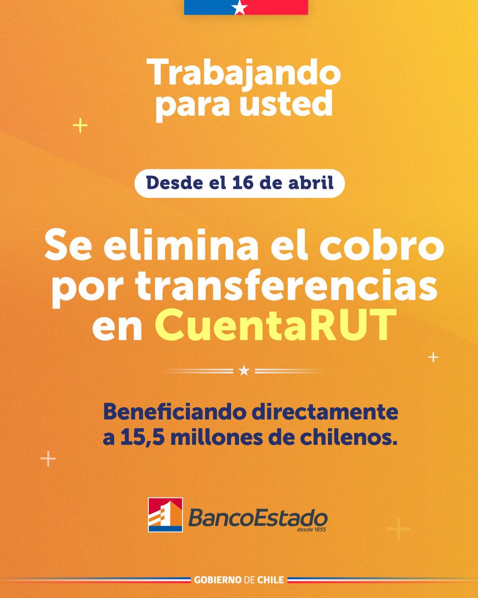 Hoy <a href="/BancoEstado/">BancoEstado</a> anunció que desde el 16 de abril no existirá el cobro de $300 por transferencias electrónicas desde CuentaRUT hacia otros bancos.

Estamos #TrabajandoParaUsted 🇨🇱