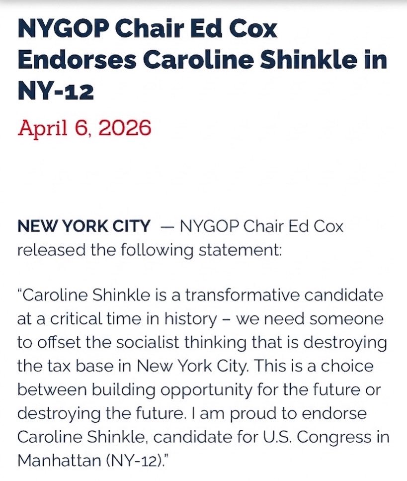 TheRealCShinkle's tweet photo. Thank you Chair Cox for your support and endorsement! The Democratic leadership has lost its way. I am proud to be in the arena to offer New Yorkers a vibrant and positive alternative to one-party rule. 🇺🇸 @NewYorkGOP @ChairmanEdCox @Manhattan_GOP @elonmusk @NRCC @GOP @nypost @WSJ 
#CarolineShinkleforCongress #CarolineforNewYork #NY12 #Manhattan #NYC #HouseGOP #POTUS #GOP