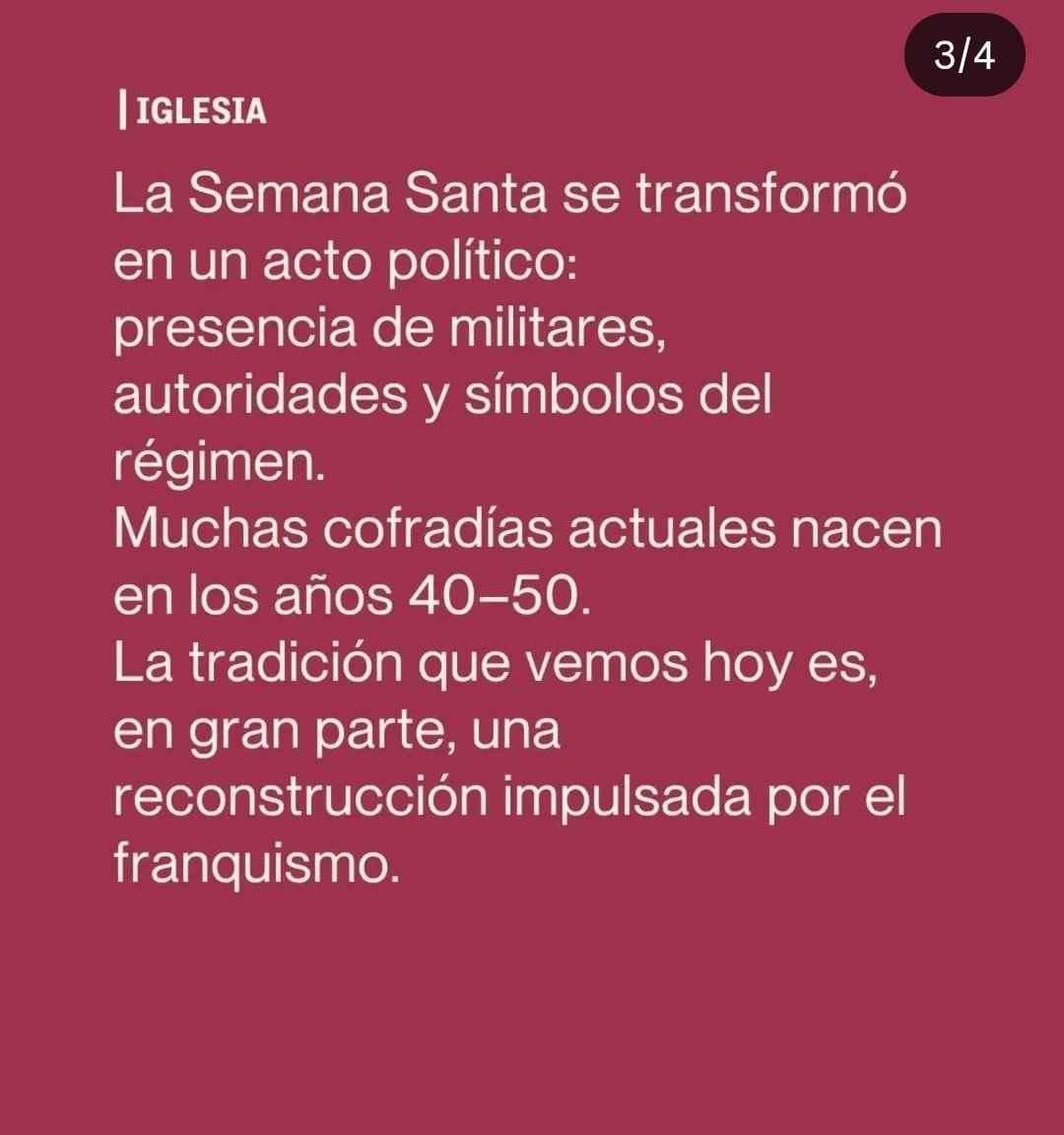 Cuanto antes aceptéis que las procesiones son una imposición del Nacional catolicismo mejor para todos y seguro que en vuestros pueblos hay tradiciones mucho más guapas, menos reaccionarias y con menor olor a rancio y a franquismo, que las putas procesiones.