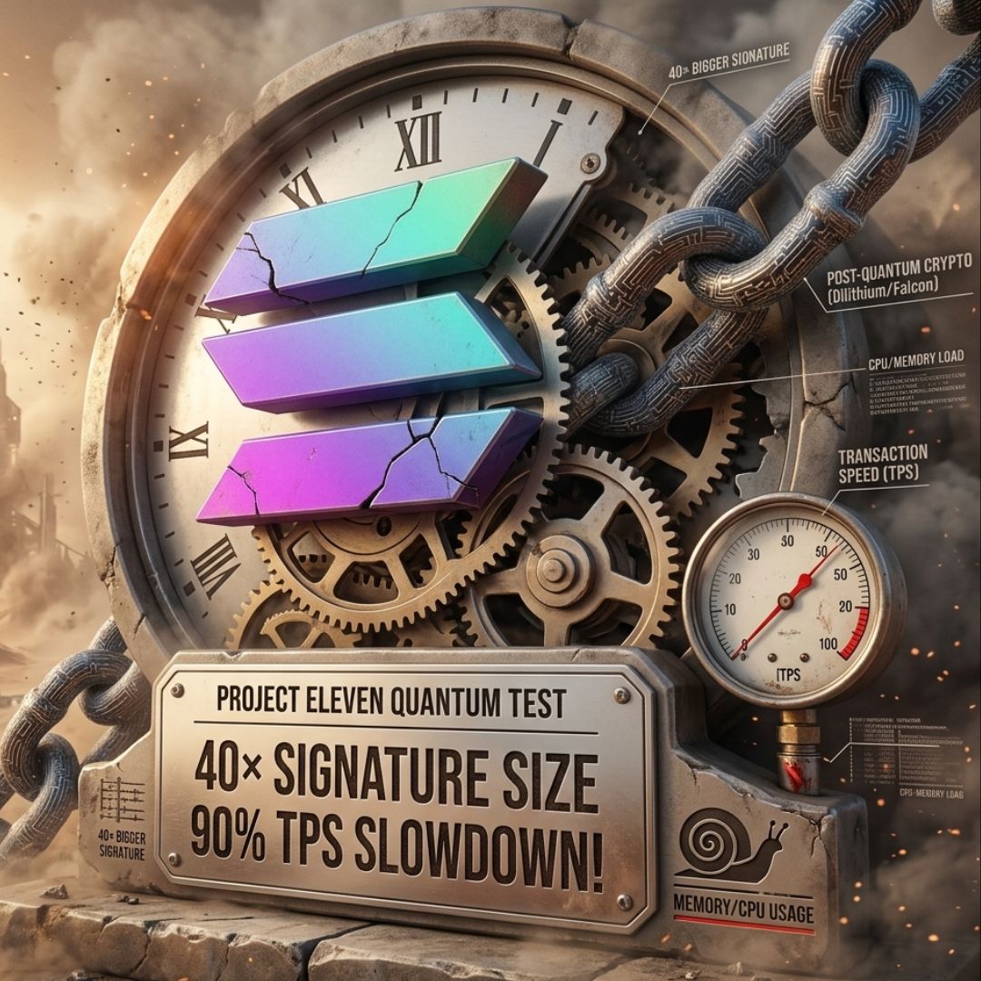 _Crypto24_News's tweet photo. Solana’s speed king title is at risk. 📉
Project Eleven’s quantum tests are a nightmare: 40x bigger signatures and a 90% TPS slowdown.
Is security worth killing the speed? If this holds, L2s might catch up. 🏗️
#Solana #SOL #QuantumCrypto #Web3 https://t.co/kIxLuXHUoc